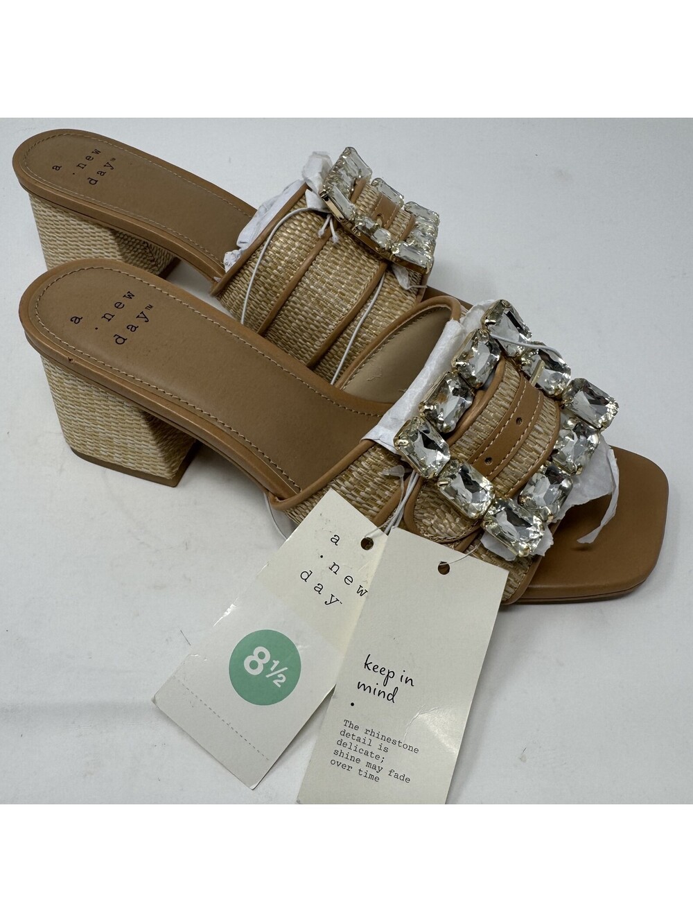 A New Day Beige Strappy Sandals Block Heel Rhinestone Buckle Square Toe Size 8.5